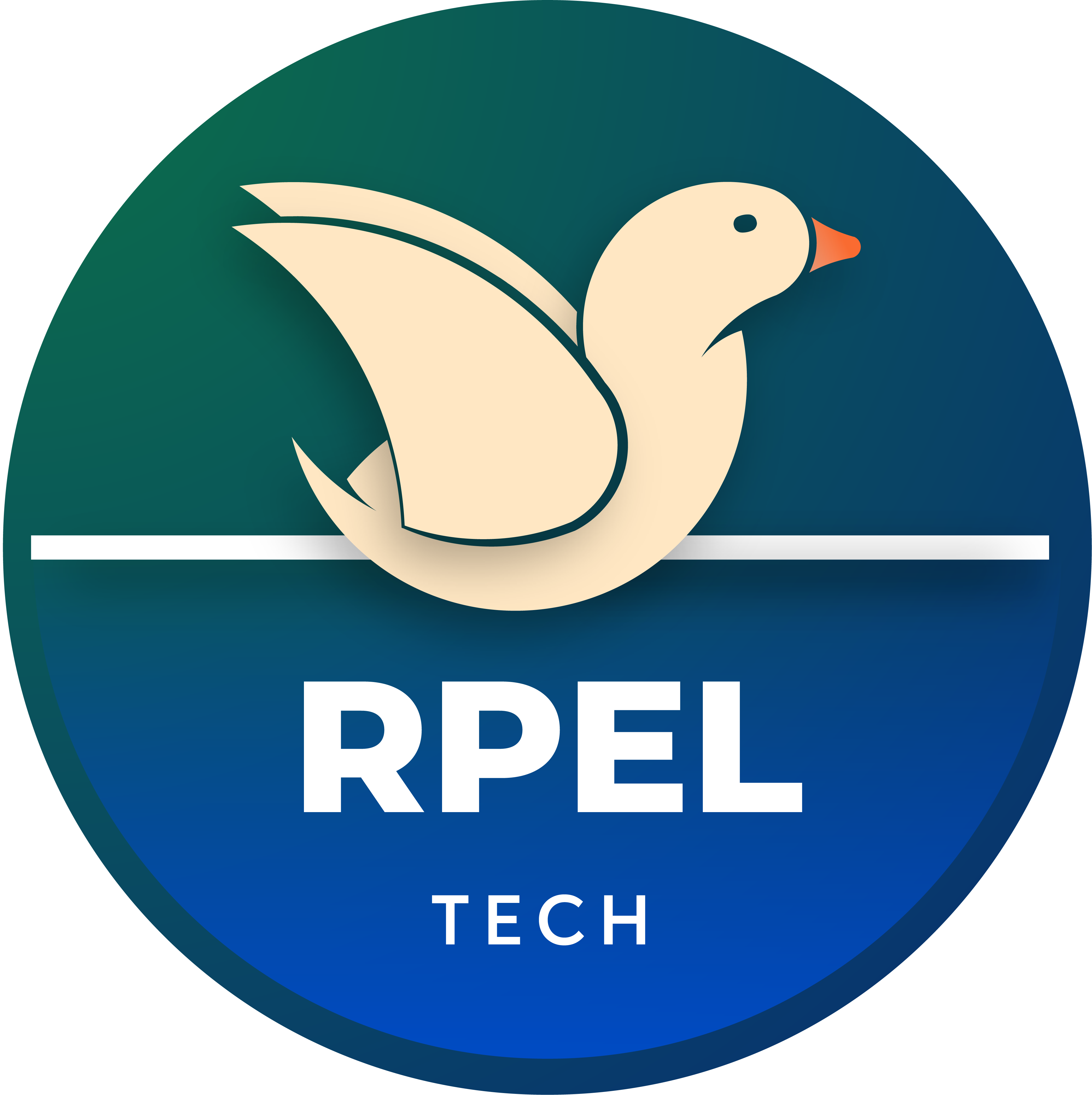 Circular logo of the tech branche of the RPEL GmbH (beige drake with orange beak and blue fadeout)